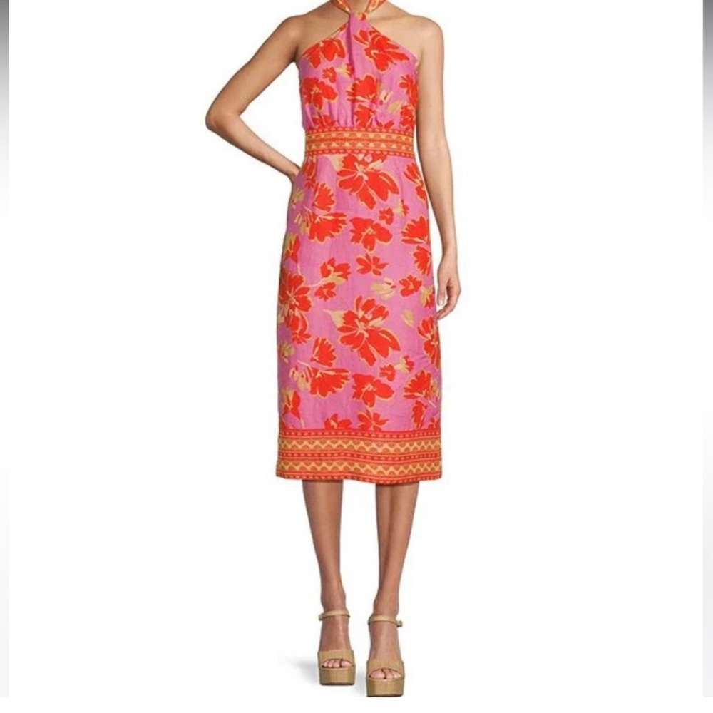 Antonio Melani dress womens 14 pink floral 100% linen Naomi midi halter